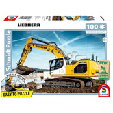 Schmidt Spiele's Crawler Excavator R928 puzzle packaging features a yellow and white Liebherr construction vehicle against a
