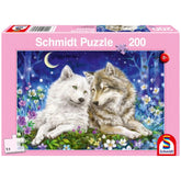 Cuddly Wolf Friends puzzle featuring two wolves in a vibrant forest scene with flowers and a crescent moon.