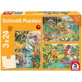Schmidt Spiele Dinosaur Fun puzzle box features colorful dinosaur illustrations and visible puzzle pieces through a plastic w