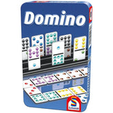 Classic Schmidt Spiele Domino game displayed with colorful plastic tiles arranged upright on a blue surface.