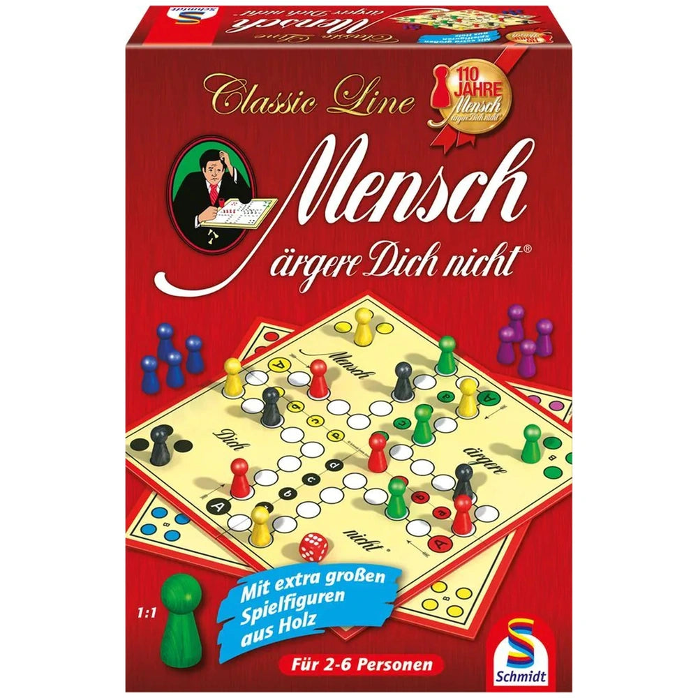 Schmidt Spiele's Don't Get Angry board game features a vibrant red board with colorful pieces and a clear plastic window on t
