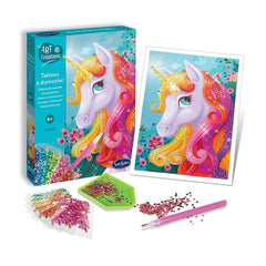 Sentosphere Arts-Creations-Diamond-Canvas kit includes a unicorn design, scissors, and colorful glitter for crafting fun.