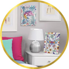 Sentosphere's Collection Sequins Dolphins displayed in a cozy bedroom with blue and pink accents, framed whimsical art, and a