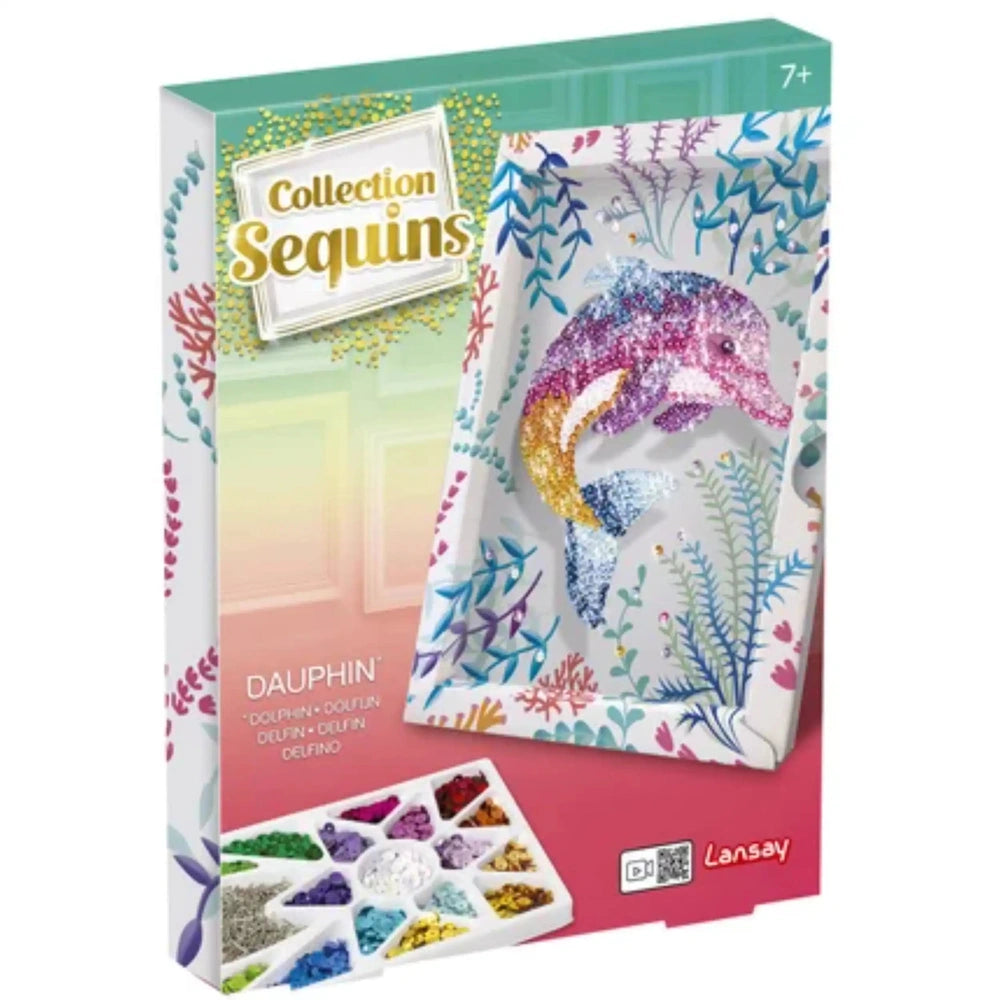 Sentosphere craft kit package features vibrant dolphin graphics and sequins, designed to attract arts and crafts enthusiasts.