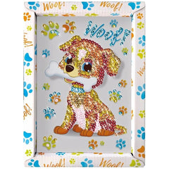 Diamond canvas art featuring a cartoon dog with a bone, surrounded by colorful paw prints and the text "Woof!"