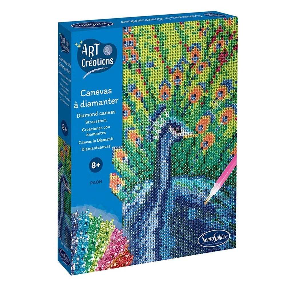 Diamond Canvas Peacock art kit features a vibrant peacock design on a glossy blue box with a clear plastic window.