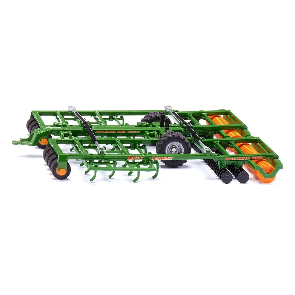 Green tractor with a three-point hitch attachment, featuring orange hydraulic cylinders and "AMAZONE" text on the attachment.