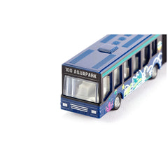 Articulated bus model in blue with a lighter stripe, featuring clear windows and "100 AQUAPARK" text on the front.