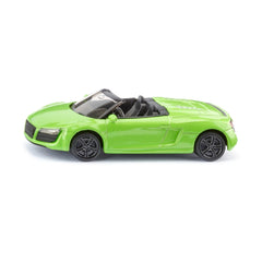 Siku Audi R8 Spyder model car in bright green with glossy finish, showcasing detailed features against a plain background.