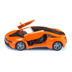 Siku BMW i8 LCI toy car in orange with black accents, featuring a glossy finish and convertible design against a white backgr