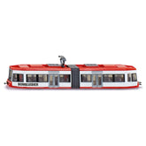 Siku Bombardier Tram toy model in red, white, and black with glossy finish, featuring windows, a door, and brand name.