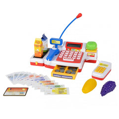 Simba Checkout Counter toy set features a cash register, fake currency, and credit card machine on a white background.