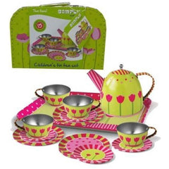 Children's tea set in a floral-patterned tray, featuring a teapot, cups, and saucers with a metallic finish in bright colors.