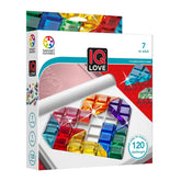 Smart Games IQ Love board game box features vibrant graphics, a clear window showcasing colorful puzzle pieces, and bold text