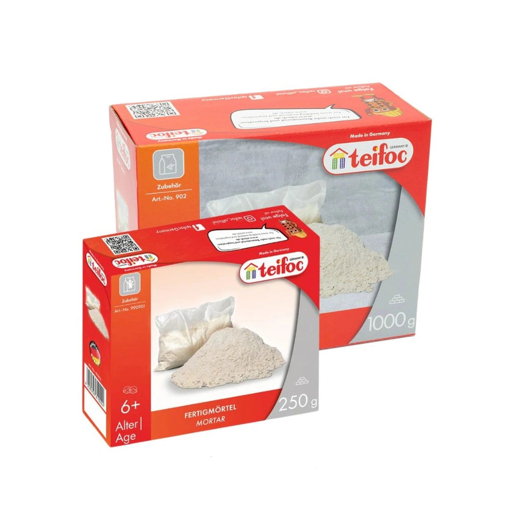 Teifoc water-soluble mortar packaging features two red boxes with white and orange accents, showcasing the product through a