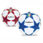TeoKaido Italia Star Waterproof Footballs in red/white and blue/white patterns with glossy finishes and star designs.