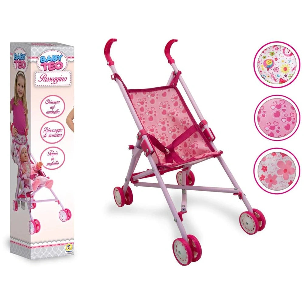 Teorema 2in1 Adjustable Art Easel for pretend play, featuring a pink stroller with a reclining seat and adjustable handle.