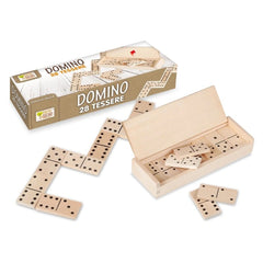 Teorema Domino wooden board game set featuring a light brown board, wooden pieces with black dots, and a labeled box.