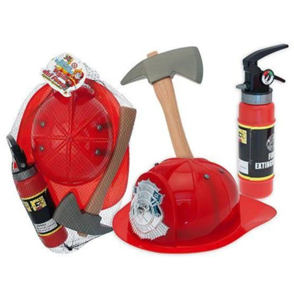 Firefighter costume set featuring a red hat, extinguisher, hose, hydrant, gray axe, and black hose reel on a white background