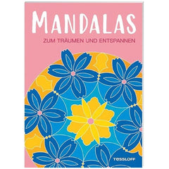 Mandalas for Dreaming and Relaxing book cover features vibrant floral patterns on a glossy pink background with playful text.