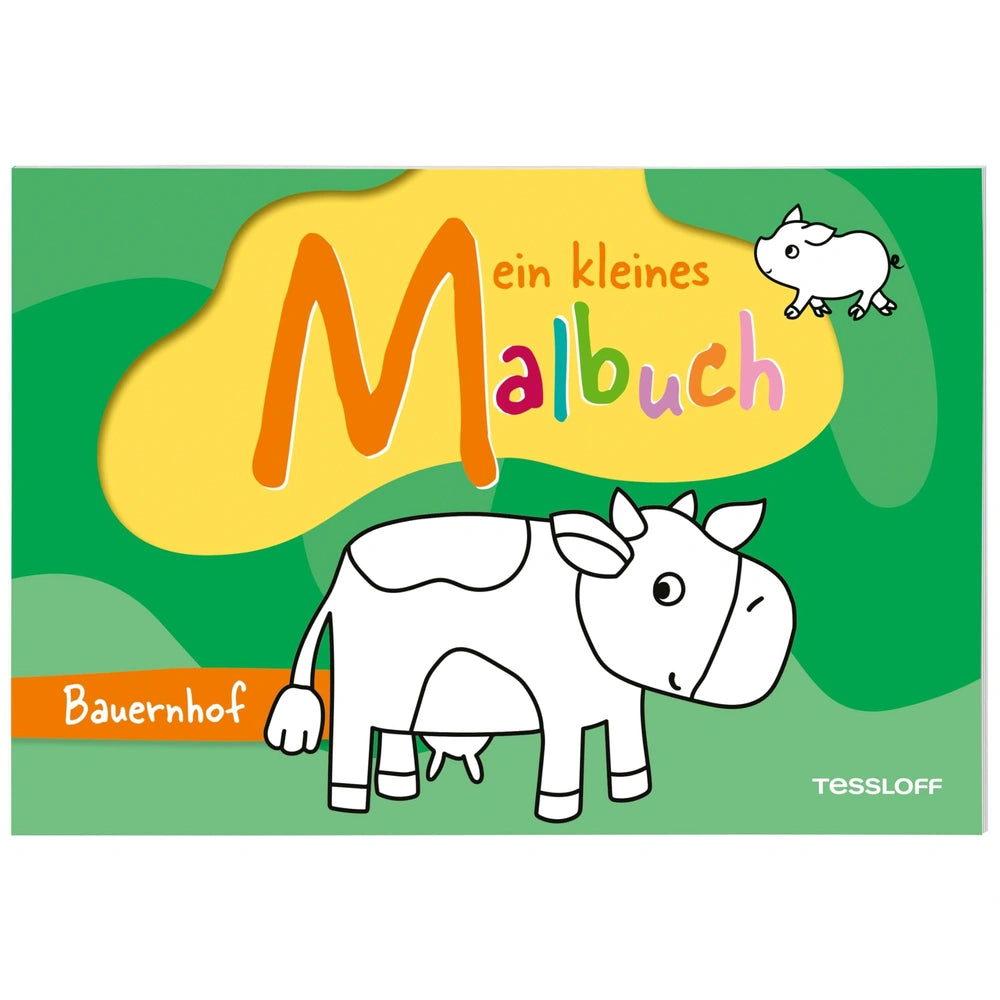 TESSLOFF's colorful illustration features a large orange "M," a green cloud above, and a smiling pig on a green surface.