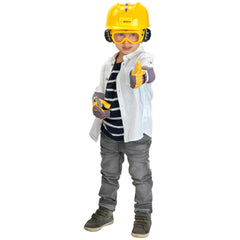 Theo Klein Bosch Accessories Set with a child wearing a yellow hard hat, striped shirt, and holding a yellow tool.