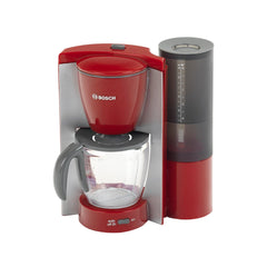 Theo Klein Bosch coffee maker in red plastic with clear pot, featuring "bosch" logo and "auto off 2h" label.