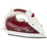Theo Klein Bosch iron in red and white with "BOSSCH" on the soleplate and a white control knob with red accents.