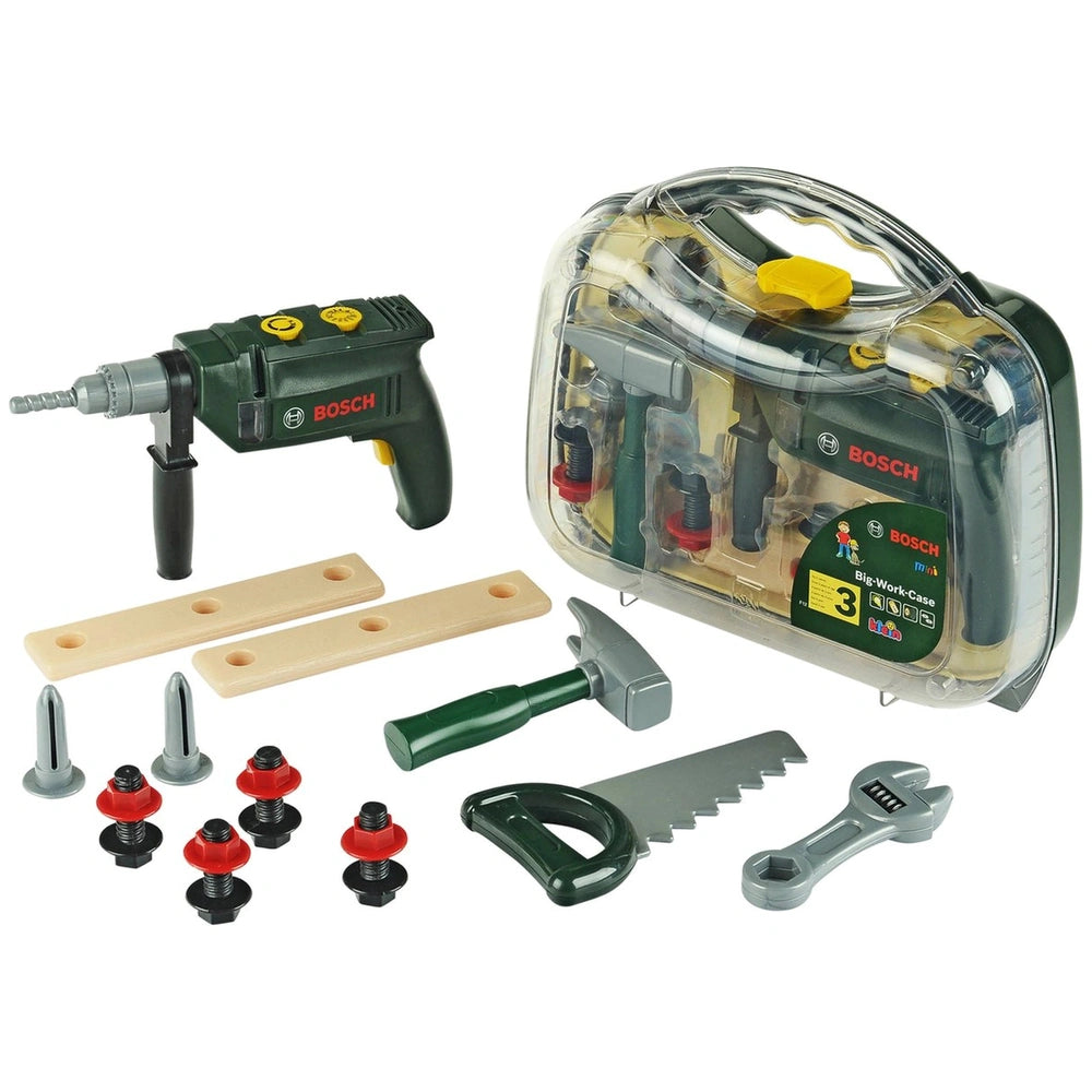 Theo Klein Bosch tool case with plastic and metal tools, featuring green and yellow components for pretend play.