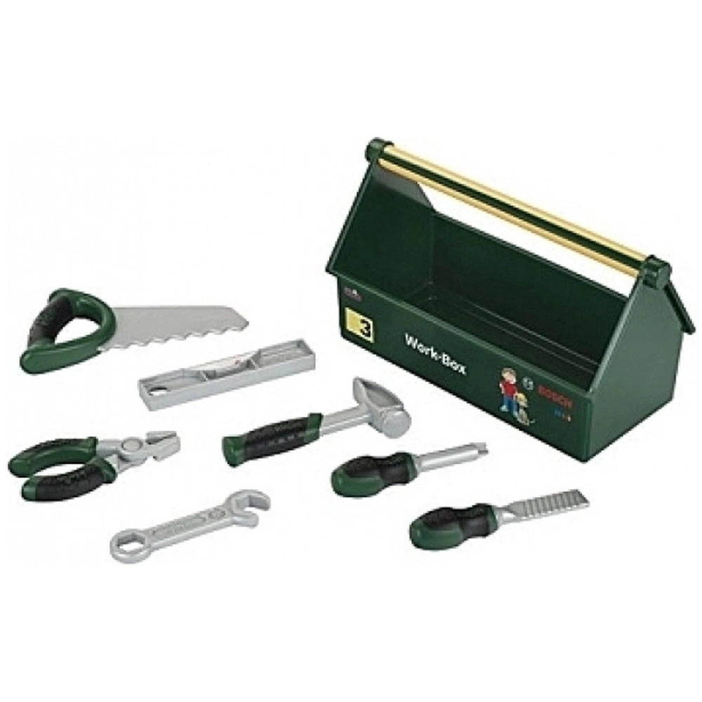 Theo Klein Bosch Work Box features a green matte box with a handle and silver metallic tools arranged in a row.