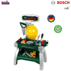 Theo Klein Bosch Workbench Junior in green with silver tools, black screwdriver, red wrench, yellow hammer, and detailed tool