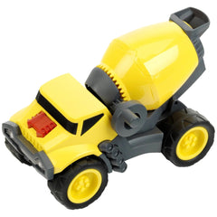 Theo Klein Concrete Truck 1:24 in yellow plastic with black wheels and red front detail, centered on a white background.