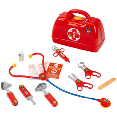 Theo Klein Doctor Case in red plastic with yellow-handled medical tools for pretend play and role playing activities.