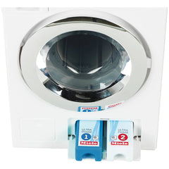 Theo Klein Miele washing machine toy in white with a glossy finish, reflective door, and a blue and white control panel.