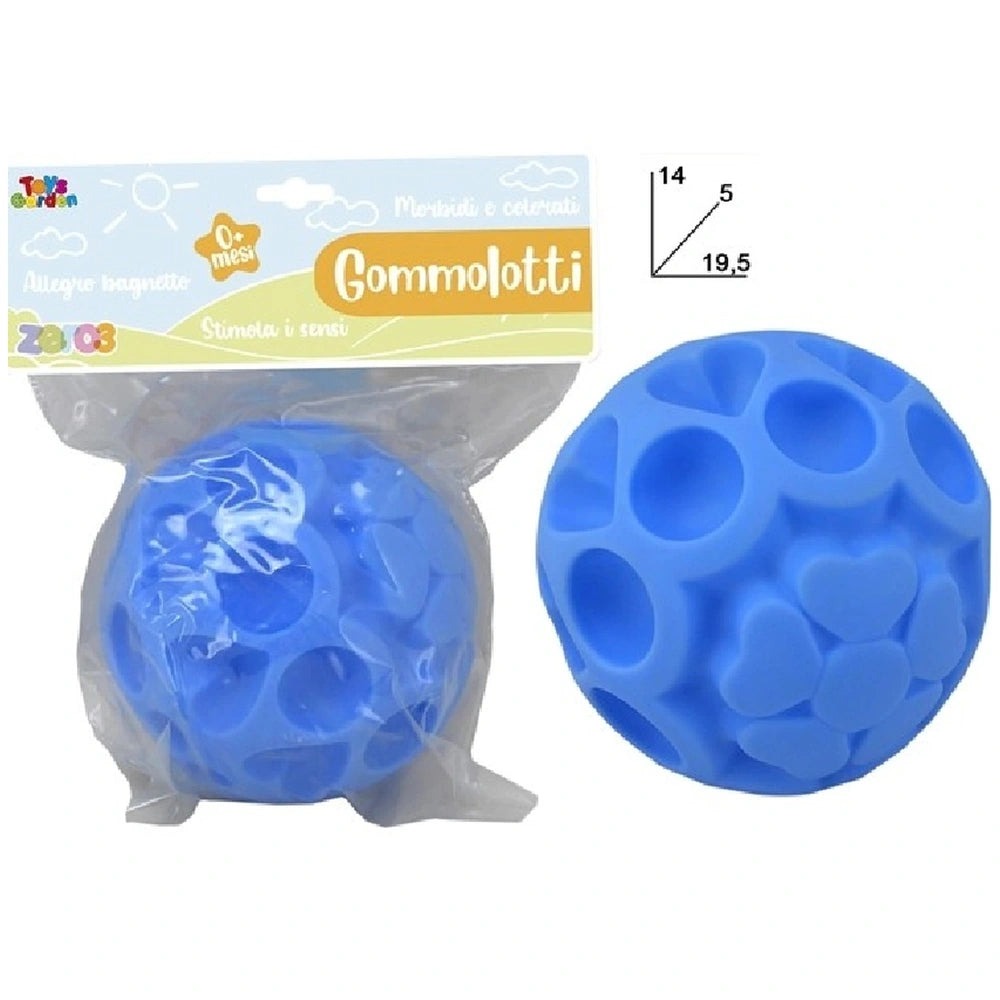 Blue textured sensory bath ball packaged in a clear bag with "GommoLotti" branding and a sun and clouds graphic.