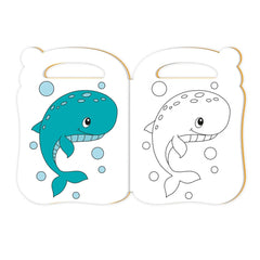 Cute colouring book featuring two cartoon-style blue and white spotted whales on a white background.