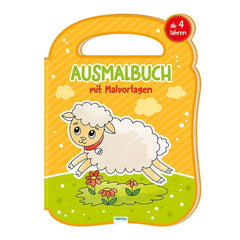 Cute coloring book featuring a cartoon sheep on grass with a flower, bright colors, and German text for young children.