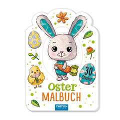 TROTSCH Easter Fun Colouring Book sticker features a vibrant bunny holding a carrot, surrounded by flowers and playful text.
