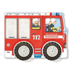 Stylized red fire truck with white and yellow accents, featuring the number "112" and firefighters visible through the window