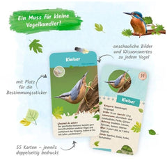 TROTSCH learning cards feature a stylized blue-headed bird perched on a branch, surrounded by vibrant green leaves on a textu