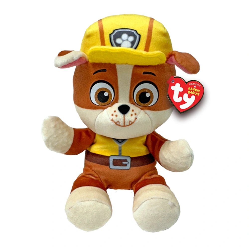 TY - Beanie Babies Rubble from PAW Patrol 20 cm, plush dog with yellow hard hat, brown and white fur, and expressive eyes.