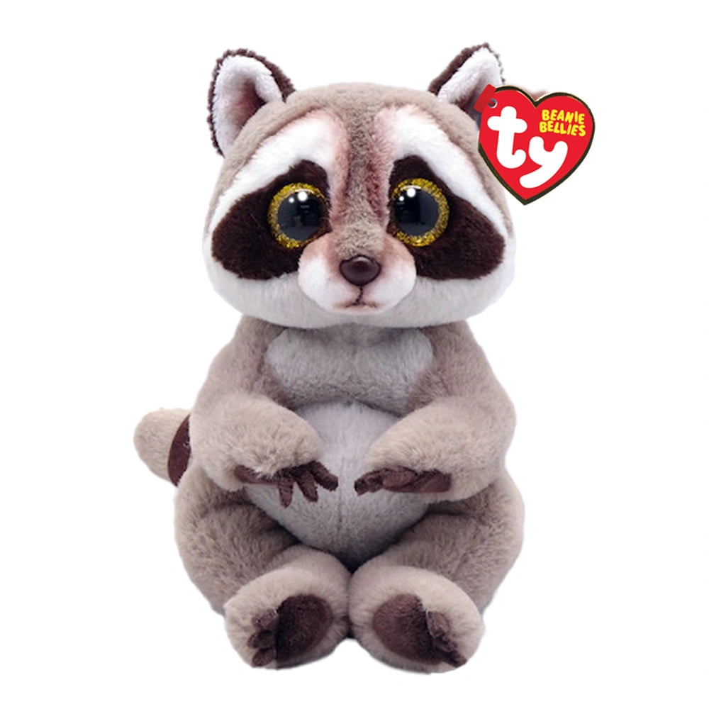 TY - Beanie Bellies Petey grey raccoon 20 cm plush toy with black eyes, white snout, and soft limbs, ideal for cuddling.
