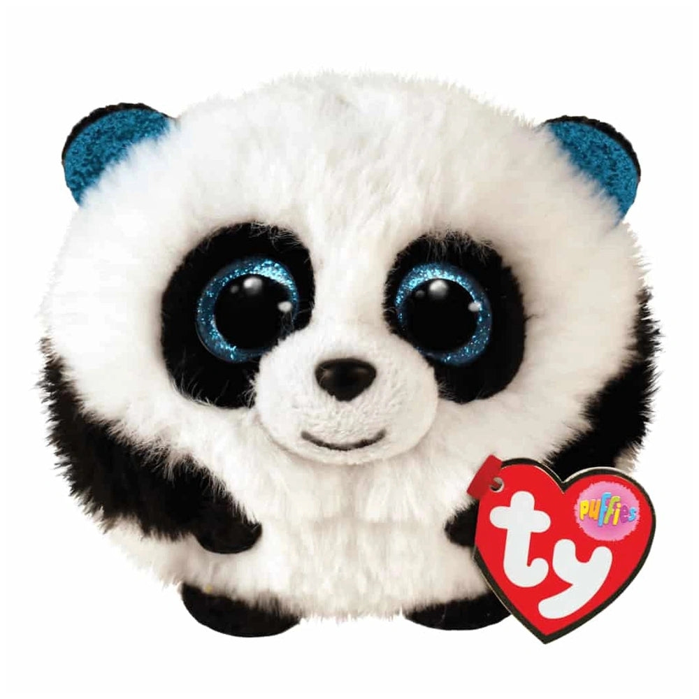 TY - Beanie Bellies Puffies Bamboo Panda, 6 cm plush toy with black and white design, glittery blue eyes, smiling face.