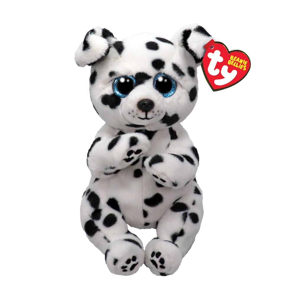 TY - Beanie Bellies Rowdy spotted dalmatian plush toy, 20 cm, white body with black spots, smiling face and raised arms.