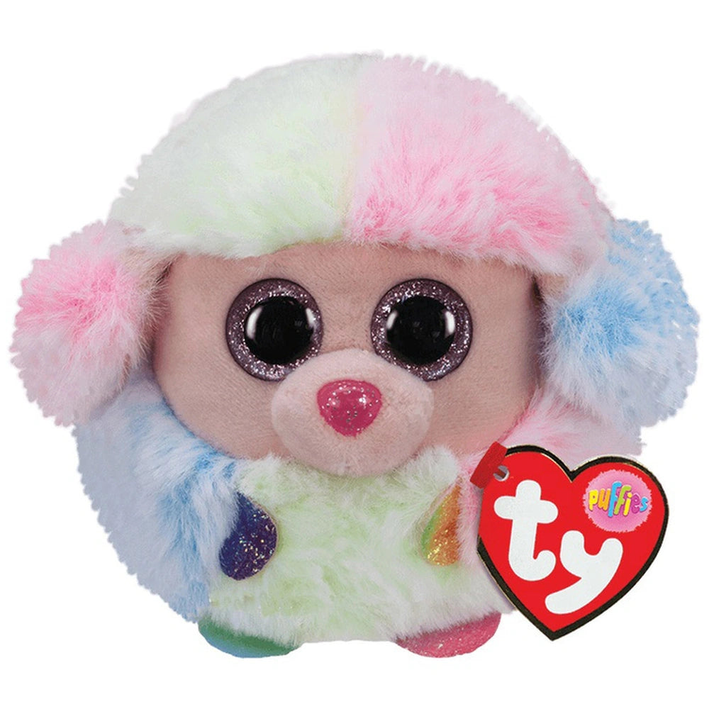 TY - Beanie Bellies Typuf Poodle Rainbow plush toy in pink and pastel colors, featuring large eyes and a heart tag.