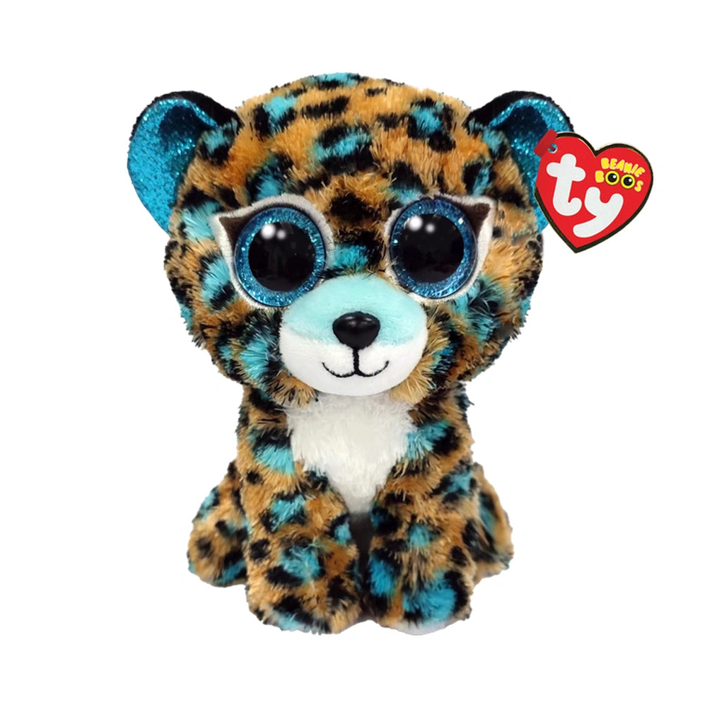 TY Beanie Boos Cobalt blue spotted leopard plush toy with large eyes, round ears, and detailed fur pattern, 15 cm.