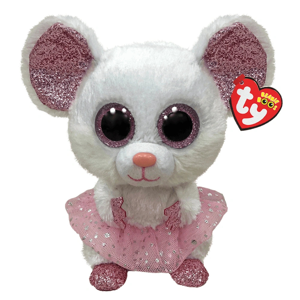 TY Beanie Boos Nina Ballerina Mouse Plush 15 cm, a cute white mouse in a pink sequined dress with large black eyes.
