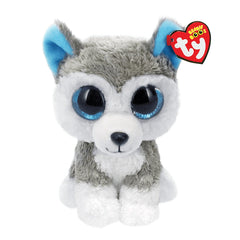 TY - Beanie Boos Sluch plush toy, a gray and white husky dog with blue eyes and a cute design, showcasing soft material.