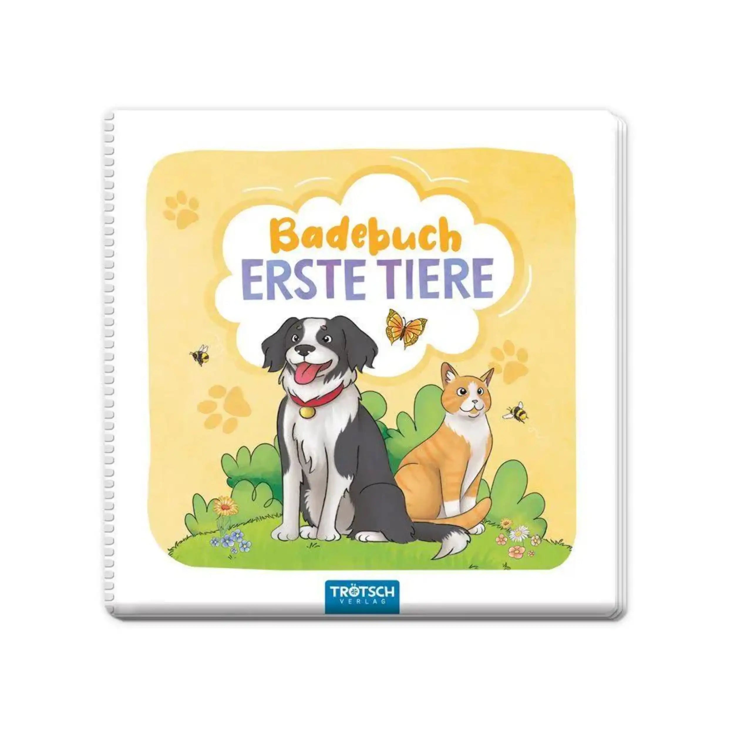 TROTSCH Bath Book features a dog and cat on grass under a yellow sky, with playful text "Badebuch erste tier" above.