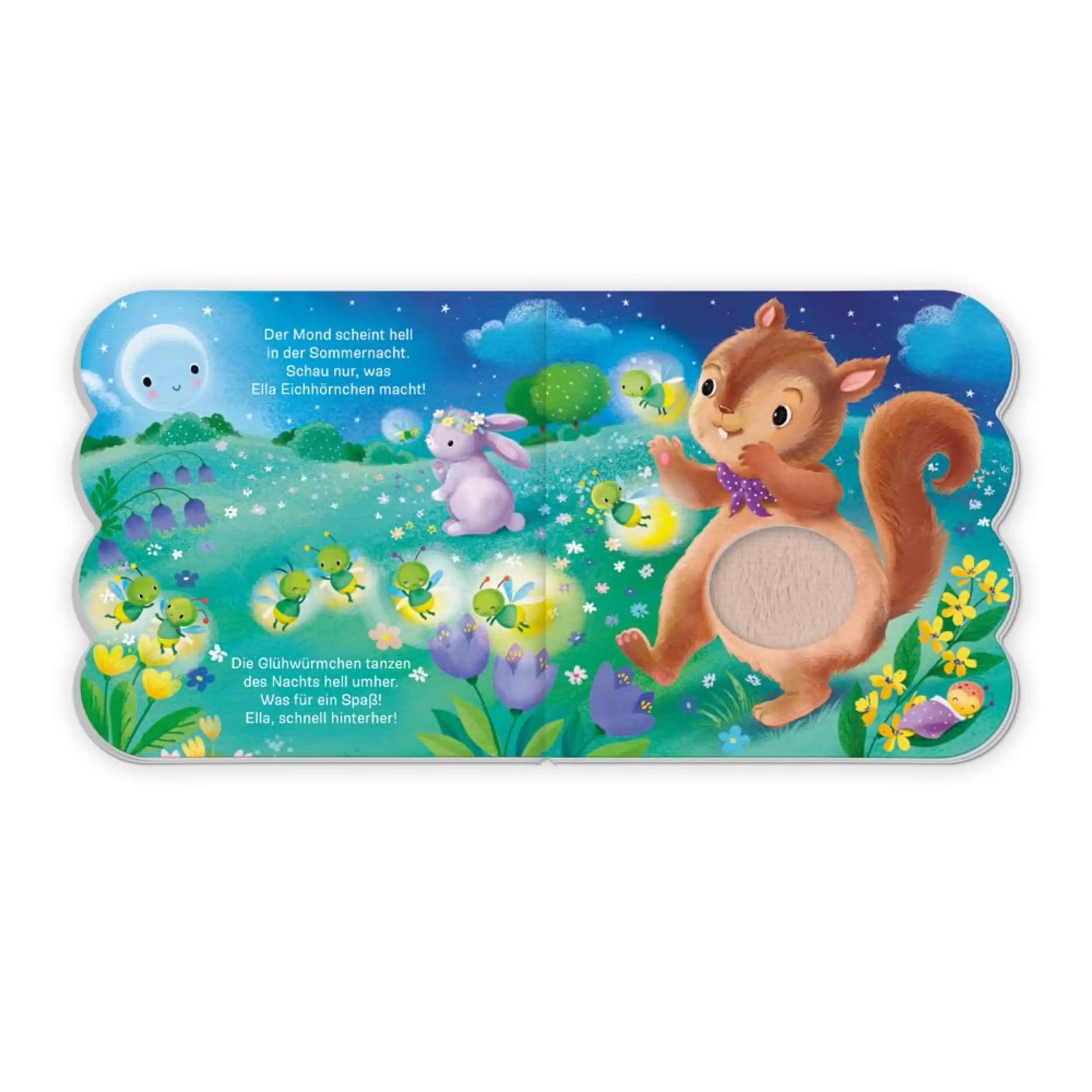 TROTSCH Fühlbuch Gute Nacht Liebe Tiere features a colorful night scene with a squirrel and frog on a smooth sticker.